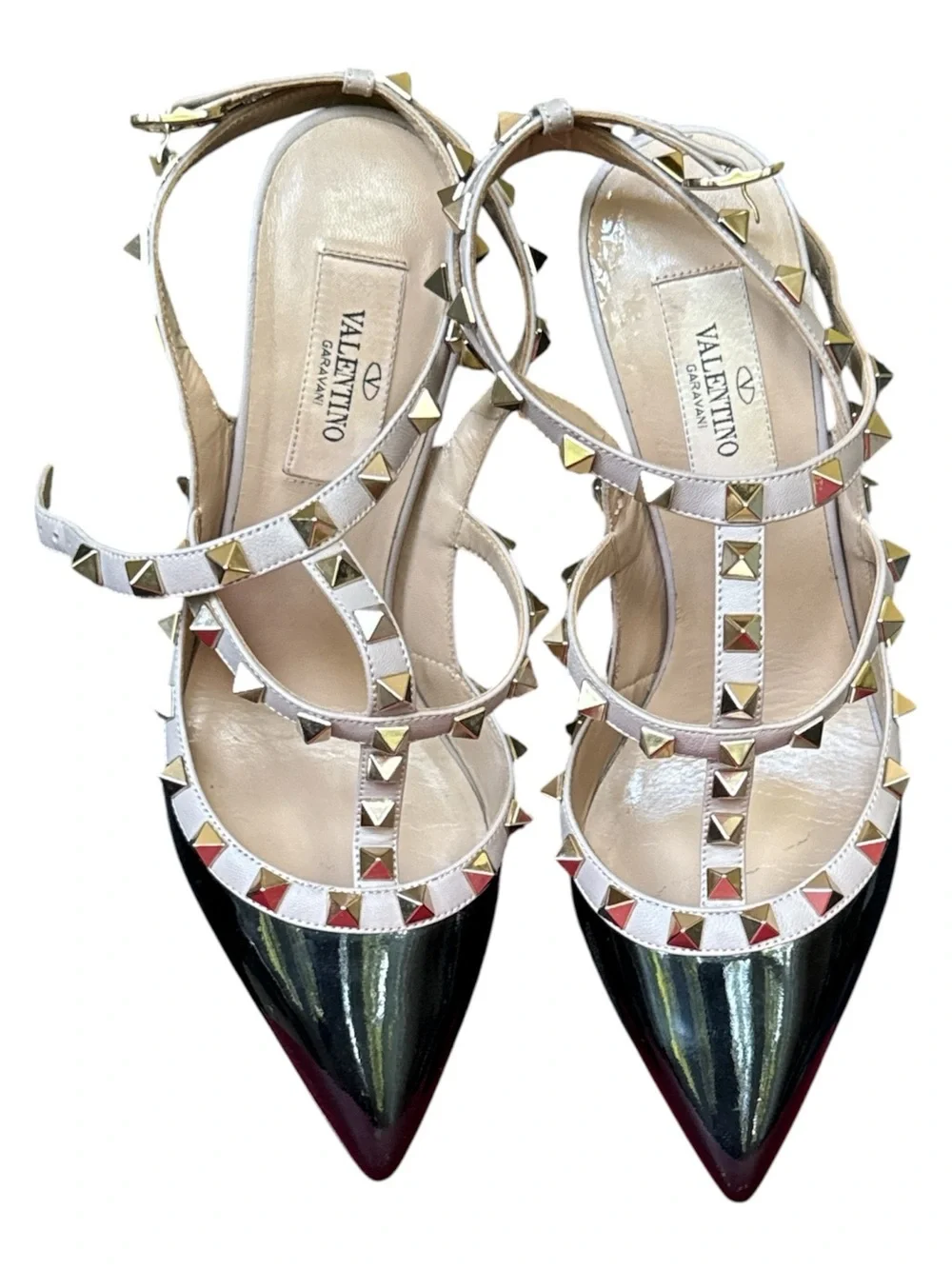 Valentino Rockstud Black Patent Pointed Toe Slingback Heels Size 36
